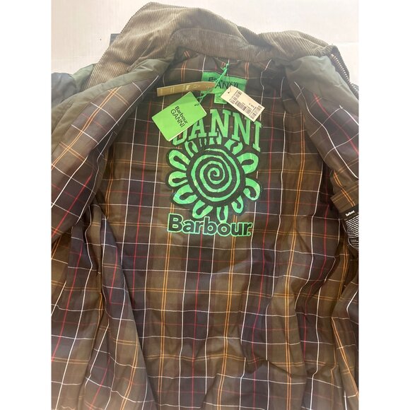 BARBOUR x Ganni Tartan Waxed Cotton Bomber Jacket Green Size UK 6 US 2 - Picture 7 of 9